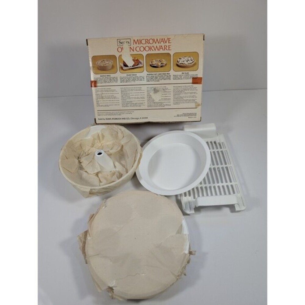 Vintage Sears Microwave Oven Cookware 4 Piece Set Baking Ring Pie Plate Rack USA - Picture 7 of 12